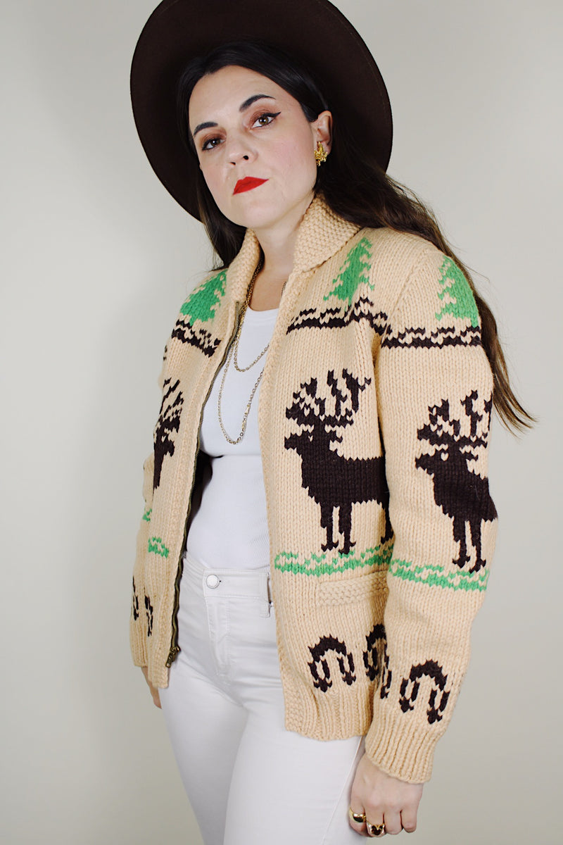 vintage 1960's homemade bronze zipper tan beige wool cowichan cardigan sweater with moose and tree design all over