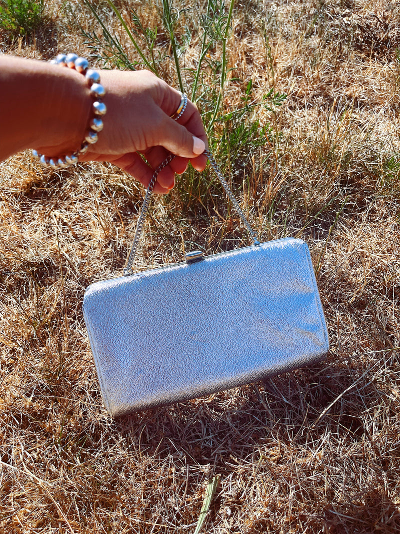 silver metallic clutch purse with chain  handle 1960's vintage 