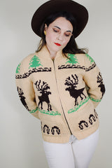 vintage 1960's homemade bronze zipper tan beige wool cowichan cardigan sweater with moose and tree design all over