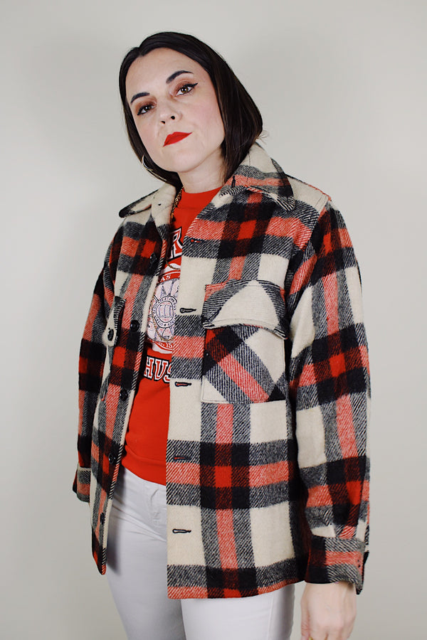 vintage 1950's A Benmar Original label long sleeve all wool plaid button up shacket in a red, black, and cream plaid print