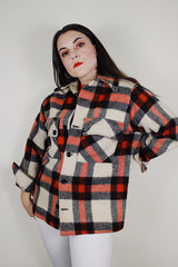 vintage 1950's A Benmar Original label long sleeve all wool plaid button up shacket in a red, black, and cream plaid print
