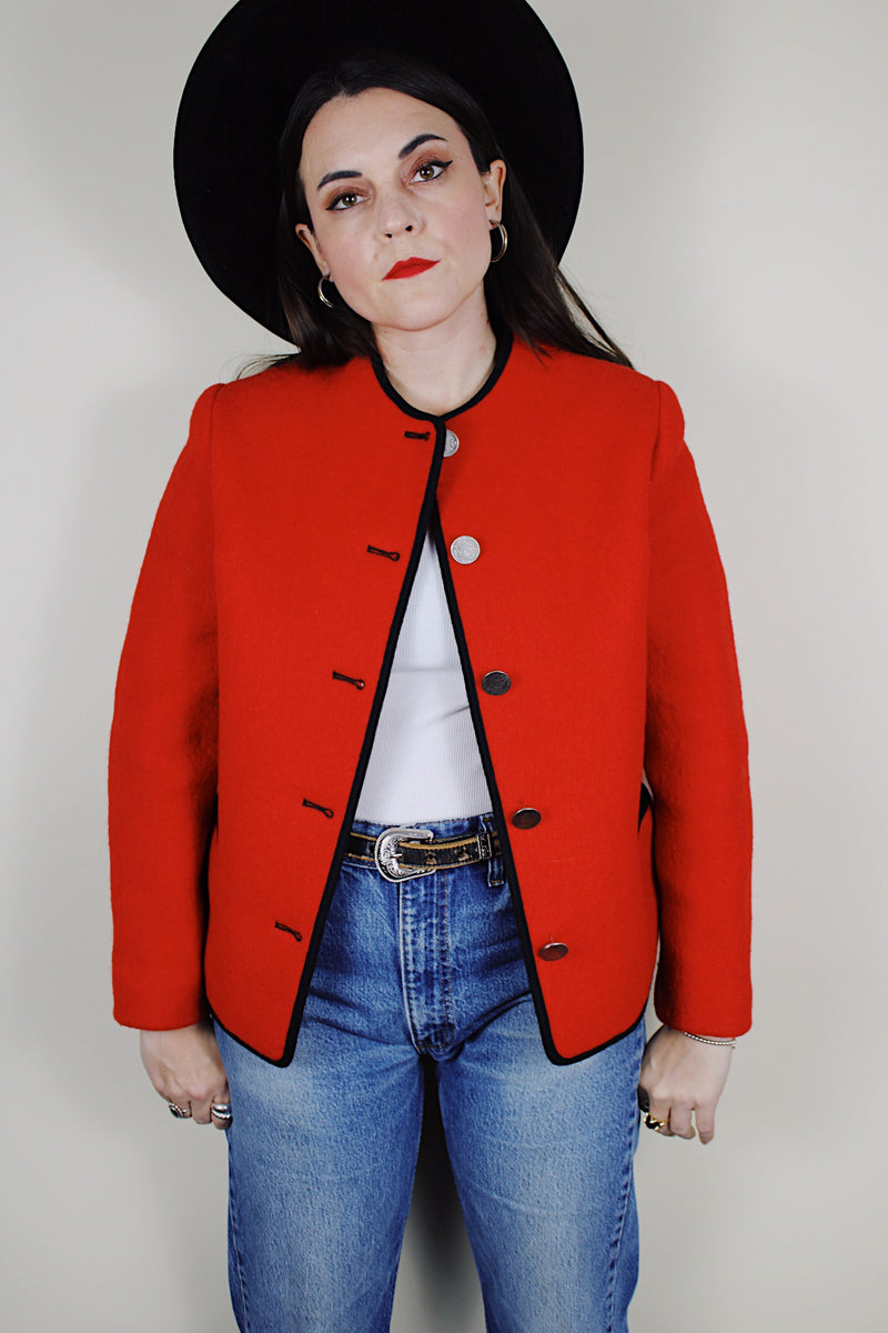 Women's vintage 1970's Boos Austrian Style label, made in Austria long sleeve button up wool jacket in bright red with black trim