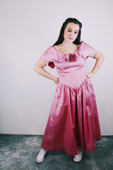 ankle length pink moire effect off the shoulder vintage 1980's evening dress 