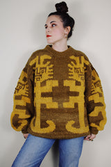 vintage 1980's Amano label, hand knit in Equador, XL 100% wool long sleeve pullover sweater in light brown with an all over yellow print