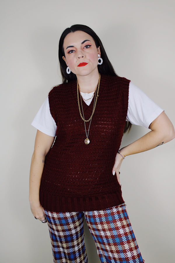 vintage 1970's Kings Road Shop, Sears The Men's Store label sleeveless maroon colored waffle knit texture acrylic material sweater vest