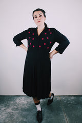 vintage 1940's black midi dress with pink polka dots across chest