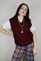 vintage 1970's Kings Road Shop, Sears The Men's Store label sleeveless maroon colored waffle knit texture acrylic material sweater vest