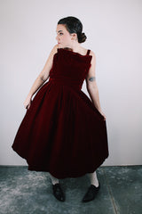 1950's maroon velvet evening dress sleeveless with full skirt