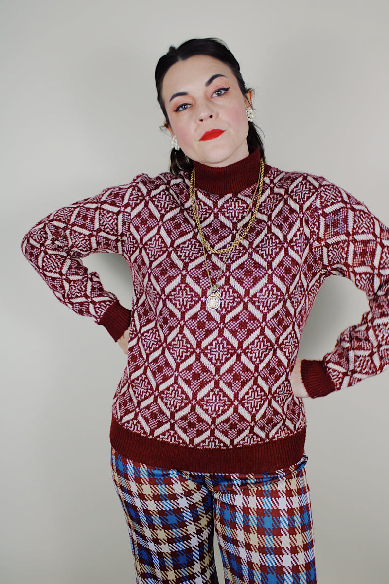 Women's vintage 1960's Barclay label long sleeve acrylic pullover sweater in maroon color with an all over cream abstract print