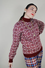 Women's vintage 1960's Barclay label long sleeve acrylic pullover sweater in maroon color with an all over cream abstract print