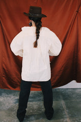 long sleeve cream cotton pirate blouse with ruffle collar and tie front and matching belt vintage