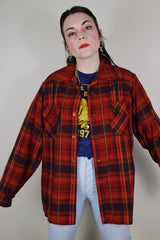 vintage 1970's Pendleton, Made in USA long sleeve wool button up shirt in red with navy and yellow plaid print