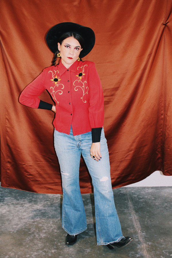 long sleeve button up western red shirt with collar and embroidered sunflowers women's vintage 1950's