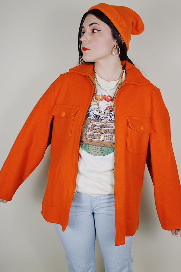 Men's vintage 1960's Outdoorsmans Clothing by Gander Mountain Inc., Wilmot, Wisconsin label long sleeve bright orange wool zip up shacket
