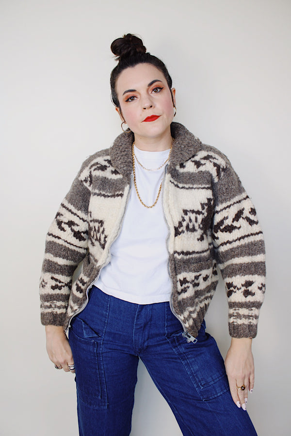 vintage 1970's Longhouse label long sleeve wool eagle printed cowichan style cardigan sweater in cream and light brown