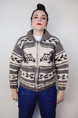 vintage 1970's Longhouse label long sleeve wool eagle printed cowichan style cardigan sweater in cream and light brown