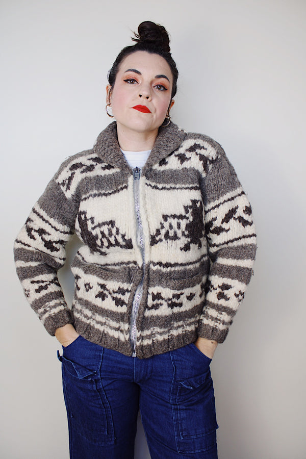 vintage 1970's Longhouse label long sleeve wool eagle printed cowichan style cardigan sweater in cream and light brown