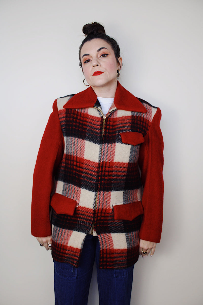  vintage 1950's Stanhouse Outdoor Garments label long sleeve wool jacket in red with black and white plaid front and bronze zipper closure