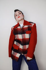  vintage 1950's Stanhouse Outdoor Garments label long sleeve wool jacket in red with black and white plaid front and bronze zipper closure