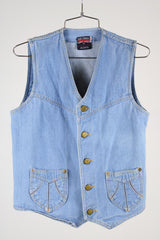 sleeveless denim vest with bronze button closure vintage 1980's