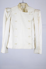 long sleeve cream double breasted wool jacket with puff shoulders and mandarin collar neckline vintage women's 1980's