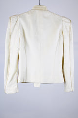 long sleeve cream double breasted wool jacket with puff shoulders and mandarin collar neckline vintage women's 1980's
