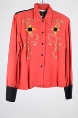 long sleeve button up western red shirt with collar and embroidered sunflowers women's vintage 1950's