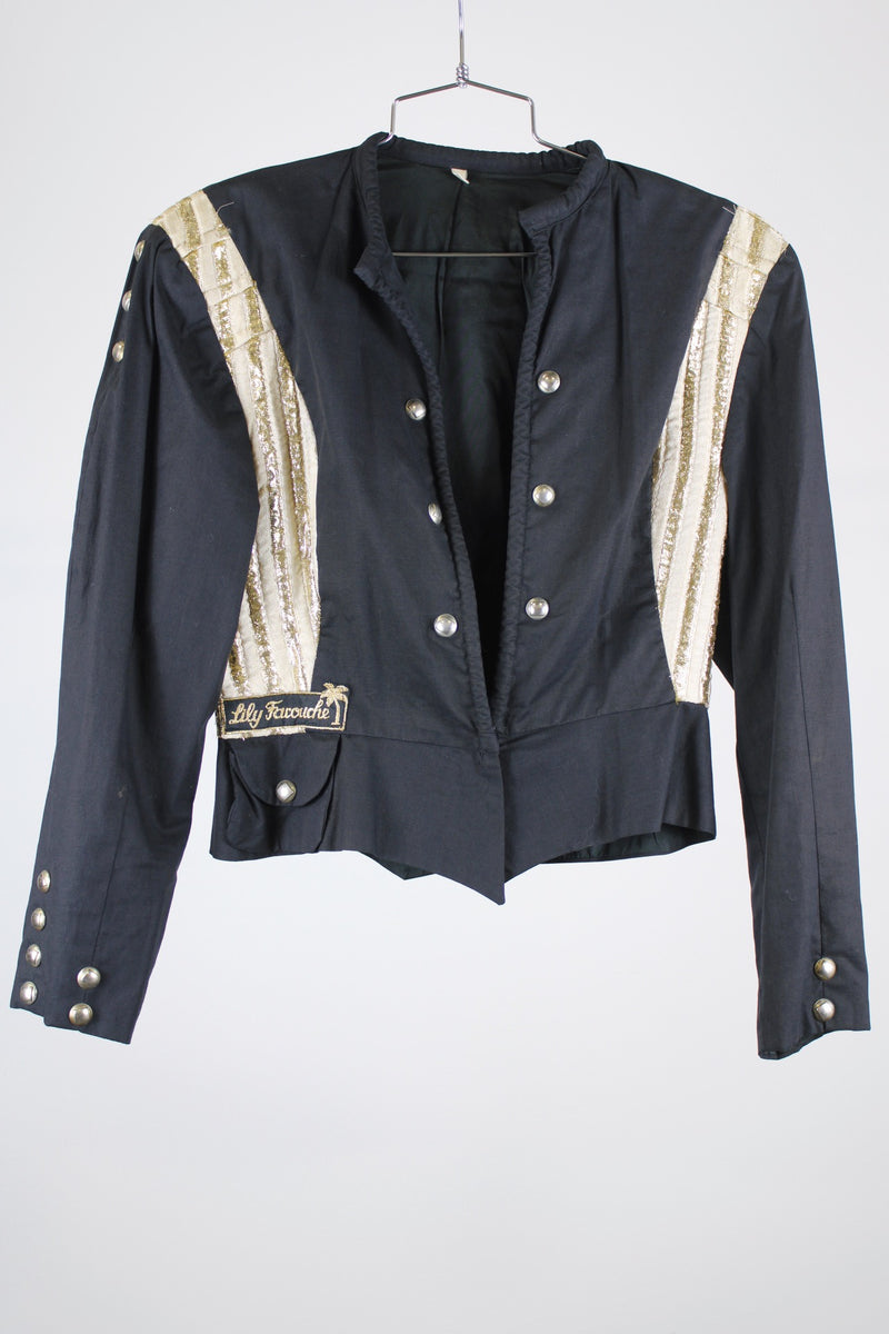 long sleeve black new wave vintage 1980's jacket with decorative stud buttons and gold metallic trim 