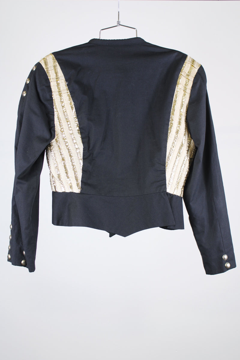 long sleeve black new wave vintage 1980's jacket with decorative stud buttons and gold metallic trim 