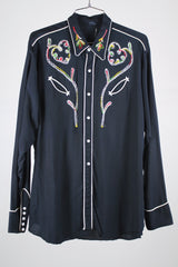 long sleeve black button up western shirt with white piping and embroidery detail vintage 1960's