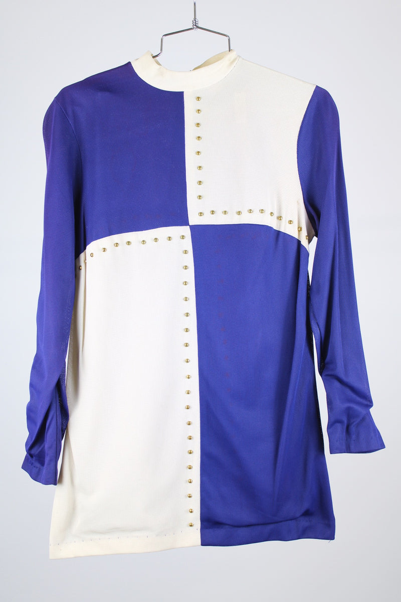 long sleeve color block cream and blue mock neck top with bronze studs vintage women's 1960's