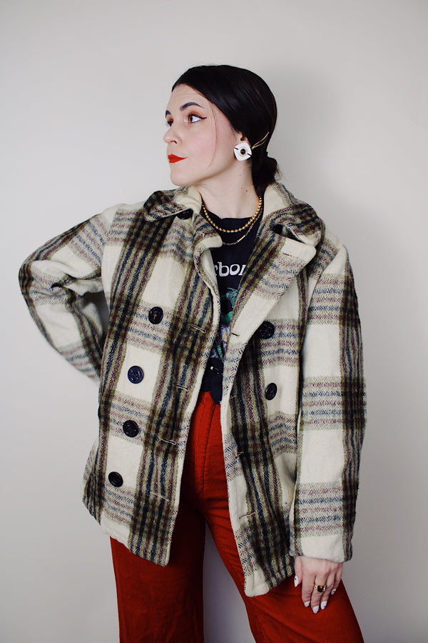 vintage 1970's Oakbrook Sportswear, Sears, The Men's Store label long sleeve cream wool pea coat with maroon, olive, and black plaid print