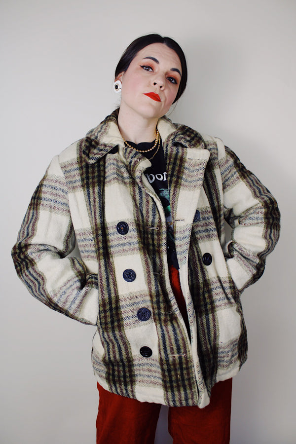 vintage 1970's Oakbrook Sportswear, Sears, The Men's Store label long sleeve cream wool pea coat with maroon, olive, and black plaid print