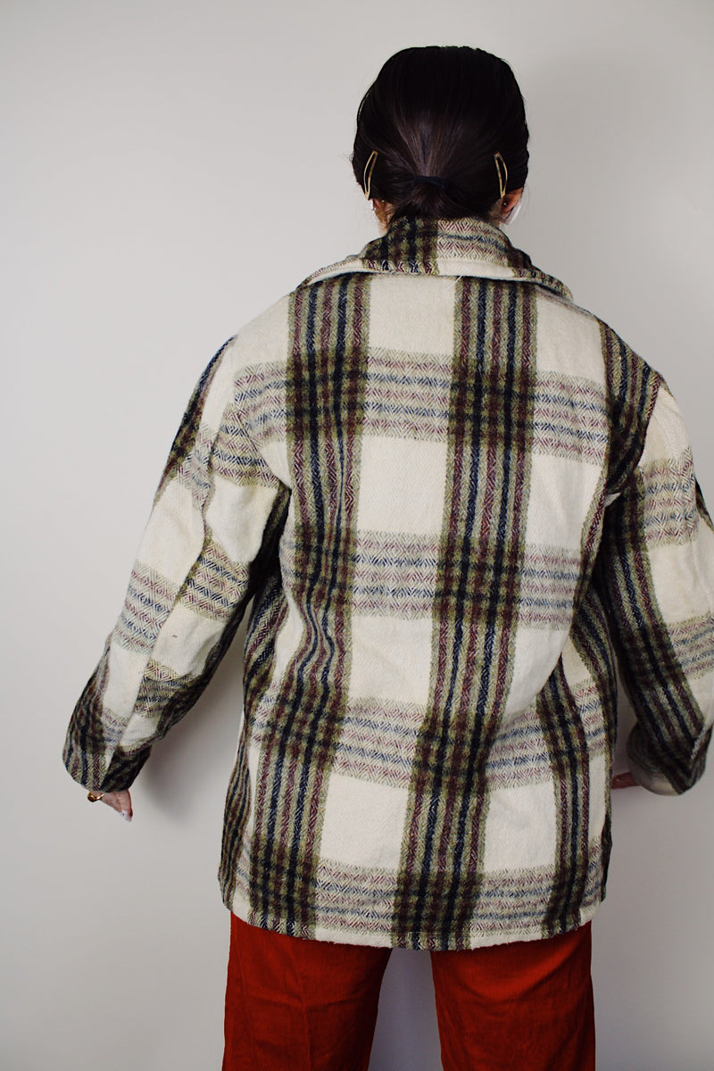 vintage 1970's Oakbrook Sportswear, Sears, The Men's Store label long sleeve cream wool pea coat with maroon, olive, and black plaid print