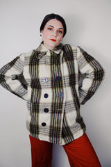 vintage 1970's Oakbrook Sportswear, Sears, The Men's Store label long sleeve cream wool pea coat with maroon, olive, and black plaid print
