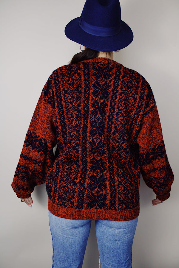 vintage 1980's Le Tigre long sleeve acrylic material navy and coral all over print pullover sweater