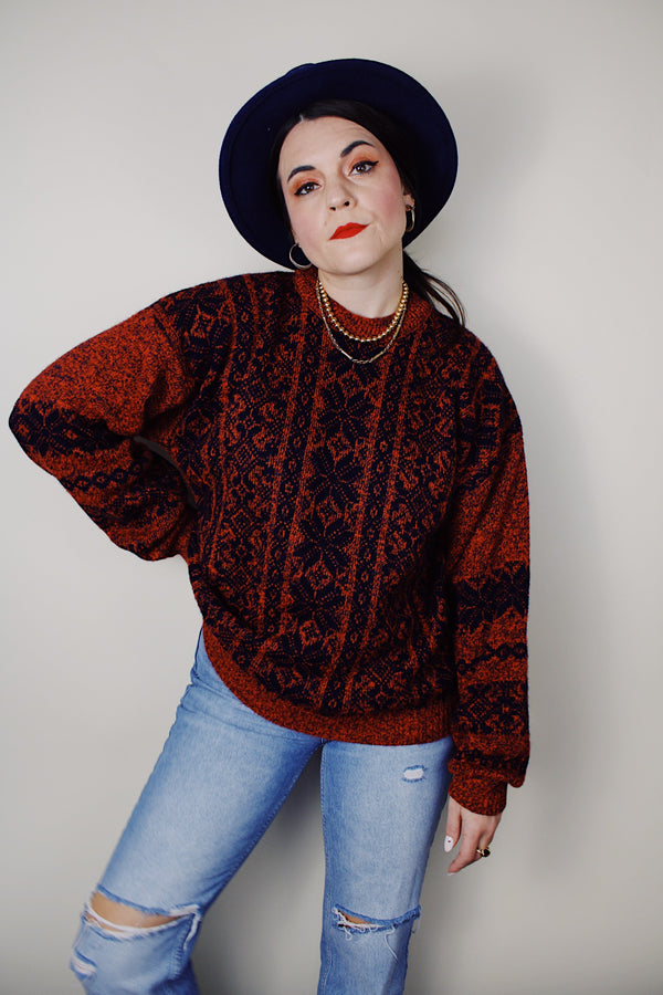 vintage 1980's Le Tigre long sleeve acrylic material navy and coral all over print pullover sweater