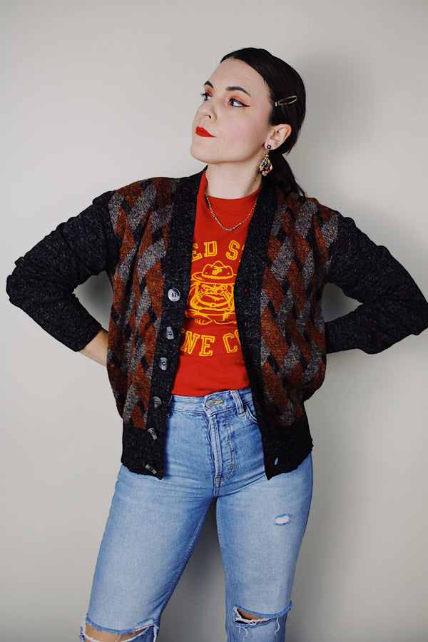 vintage 1970's Baskin, Made in Italy label long sleeve heather grey wool material printed button up cardigan sweater