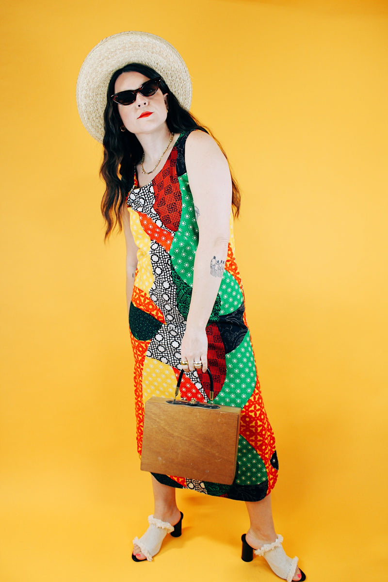 sleeveless abstract print multicolor vintage dress midi length cotton