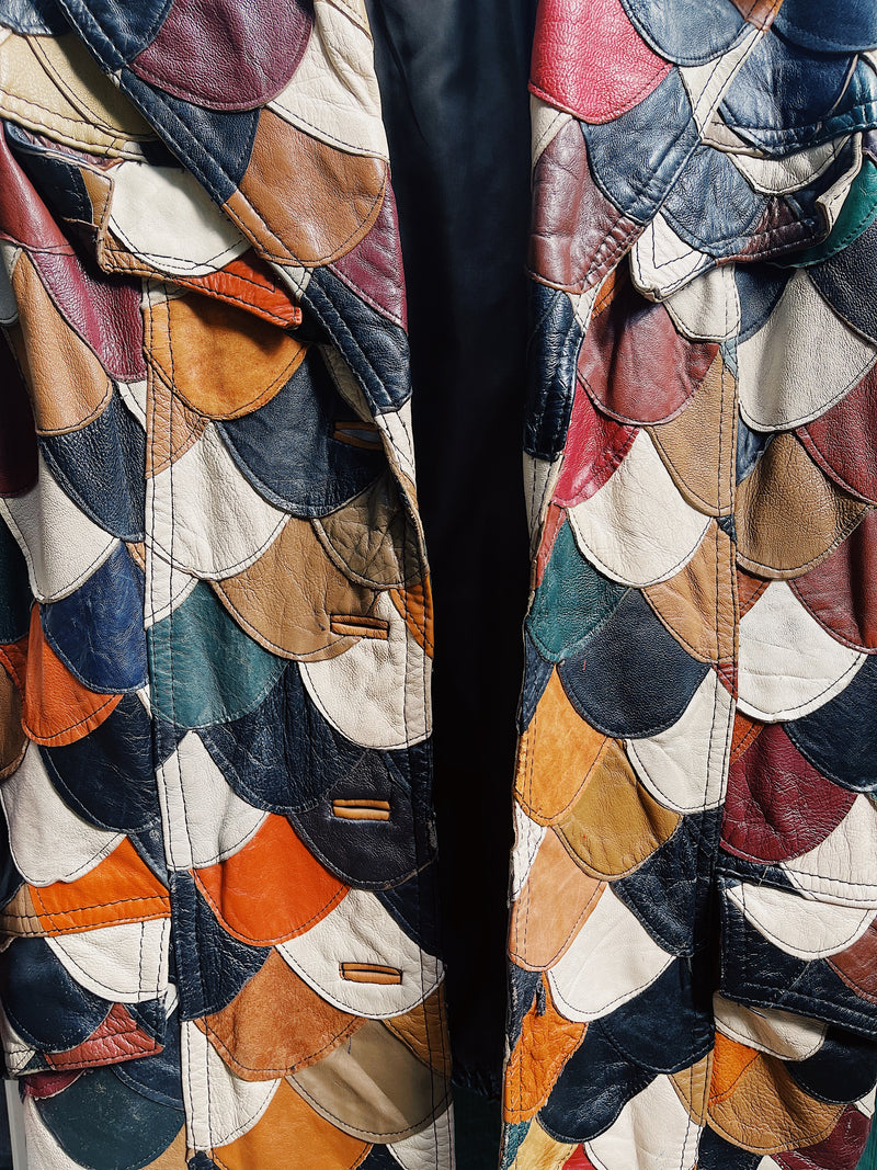 long sleeve multi colored scalloped patchwork leather jacket double lapel vintage 1970's