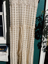 short sleeve cream crochet maxi skirt with adjustable tie waist vintage 1970's