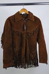 Women's or men's western style vintage 1960's Berco, Minneapolis, Minn. label genuine leather zip up fringe trim jacket in chocolate brown.