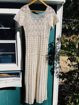 short sleeve cream crochet maxi skirt with adjustable tie waist vintage 1970's