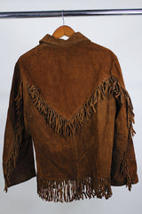 Women's or men's western style vintage 1960's Berco, Minneapolis, Minn. label genuine leather zip up fringe trim jacket in chocolate brown.