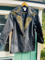 long sleeve oversized black cotton jacket with gold embroidery and bead details women's vintage 1980's