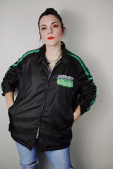  vintage 1980's California label long sleeve brown zip up sports jacket with green stripes on the sleeves in nylon material