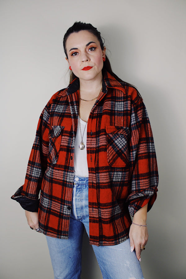 vintage 1970's Montgomery Ward long sleeve wool material red with grey and black plaid print button up shacket