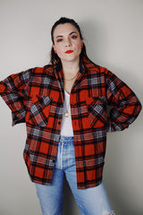 vintage 1970's Montgomery Ward long sleeve wool material red with grey and black plaid print button up shacket