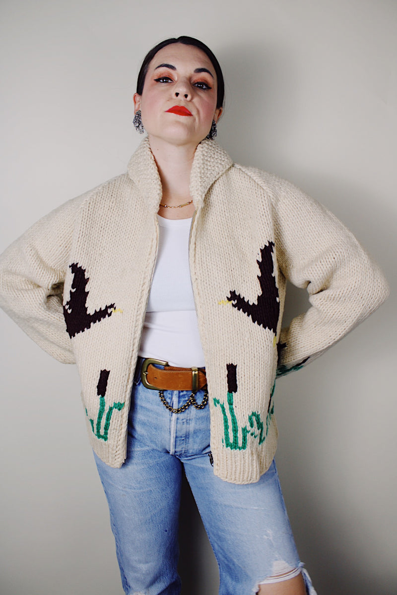 vintage 1960's long sleeve off white cream wool zip up cowichan cardigan sweater with ducks embroidered pattern
