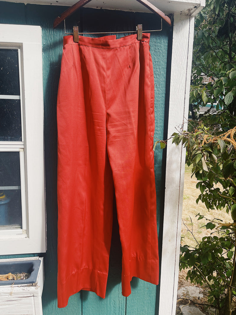 burnt orange silk like high waisted pants vintage 1970's women's